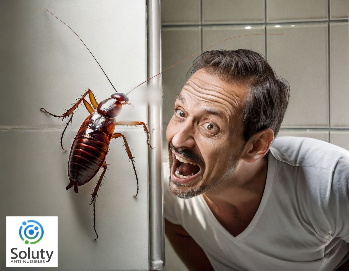 une blatte sur le mur d' une salle de bain avec un homme qui a peur